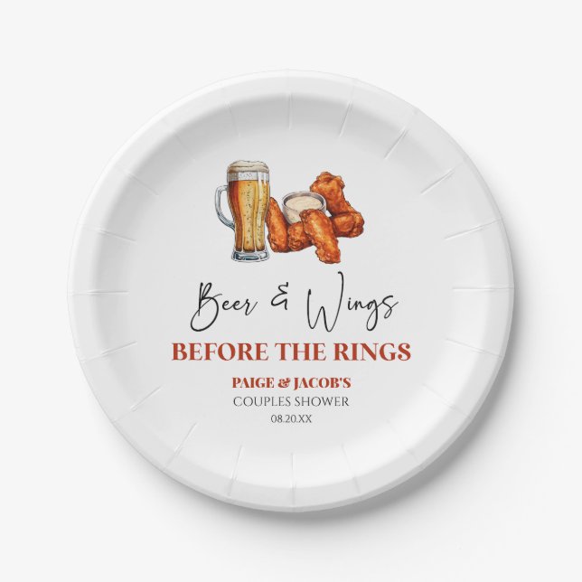 Beer and Wings Before The Rings Couples Shower Paper Plate (Front)