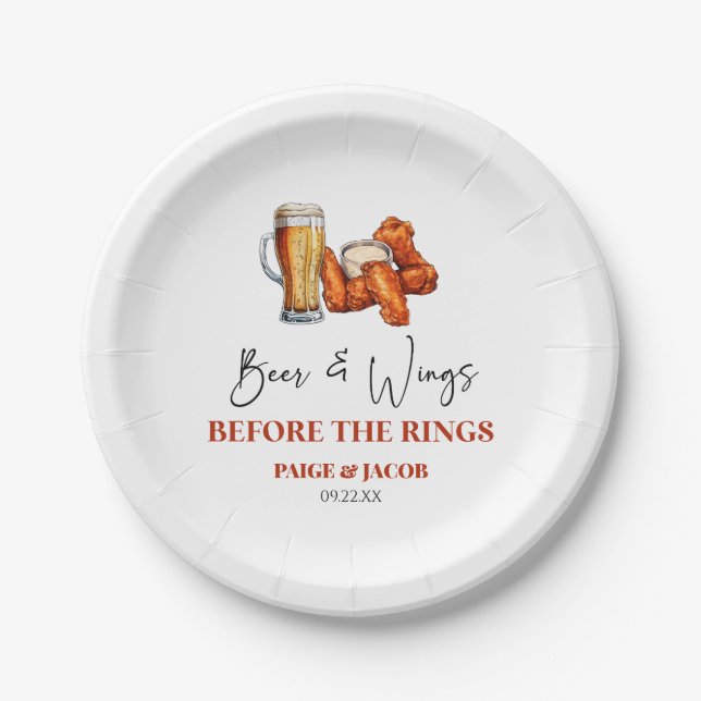 Beer and Wings Before The Rings Rehearsal Dinner Paper Plate (Front)