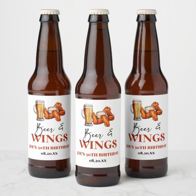 Beer and Wings Birthday Party Bottle Label (Bottles)