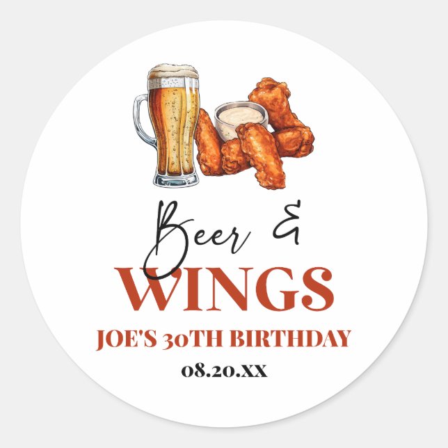 Beer and Wings Birthday Party Party Favor Sticker (Front)