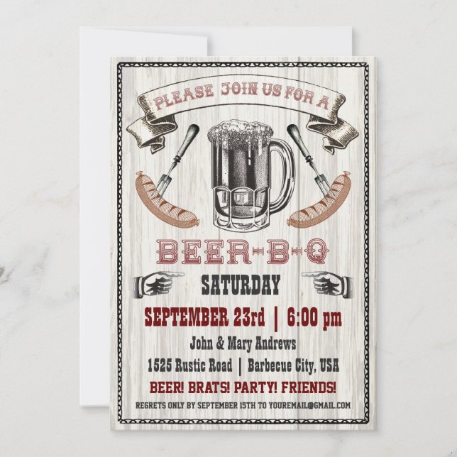 Beer-B-Q Party Invitation on Wood (Front)