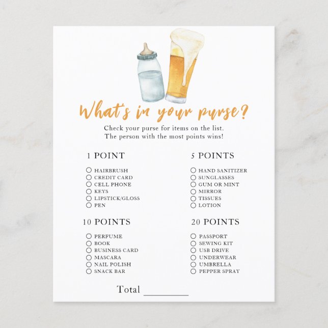 Beer baby shower - What's in your purse game (Front)