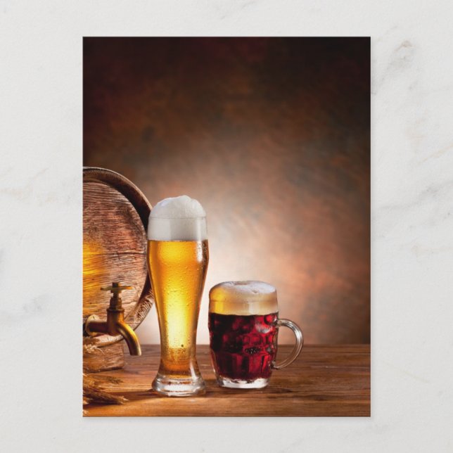 Beer barrel with beer glasses on a wooden table 2 postcard (Front)