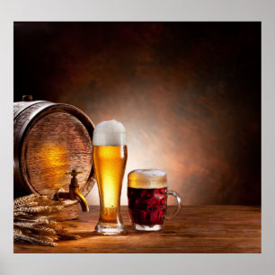 Beer barrel with beer glasses on a wooden table 2 poster