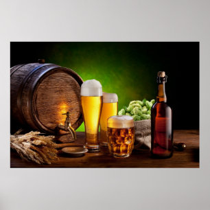 Beer barrel with beer glasses on a wooden table poster