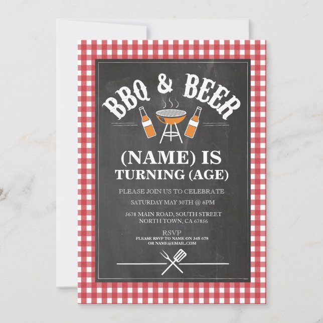 Beer BBQ Birthday Party ANY AGE Chalkboard Invite (Front)