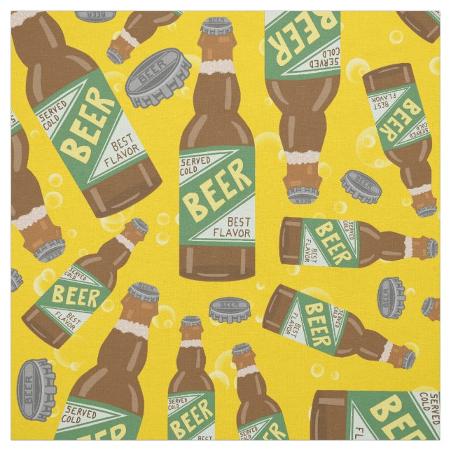 Beer Bottle and Caps Pattern with Bubbles Retro Fabric (Swatch)