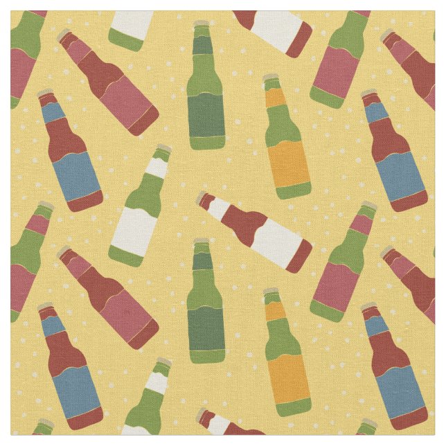 Beer Bottles Patterned Gold Golden Yellow Fabric (Close Up)
