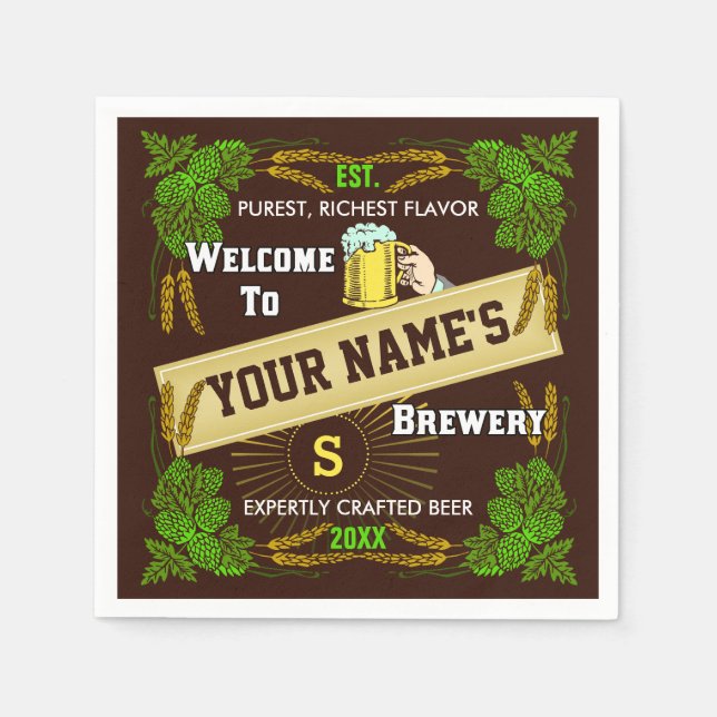 Beer Brewery Personalised Name | Hops Barley Bar Napkin (Front)