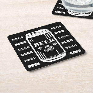 Beer Can -White On Black Square Paper Coaster