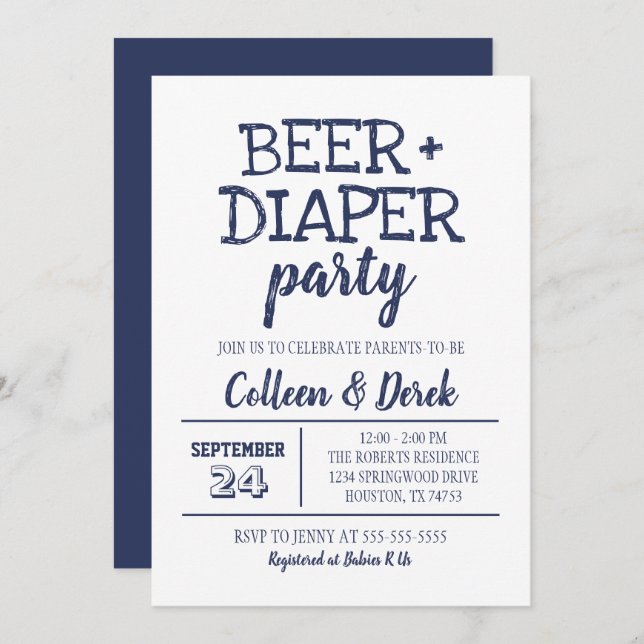 Beer & Diaper Party Invitation | Navy & White (Front/Back)