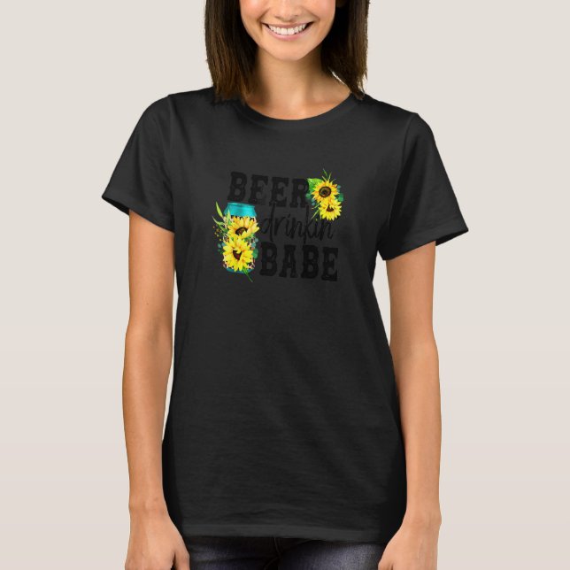 Beer Drinking' Babe Leopard Beer Can With Sunflowe T-Shirt (Front)