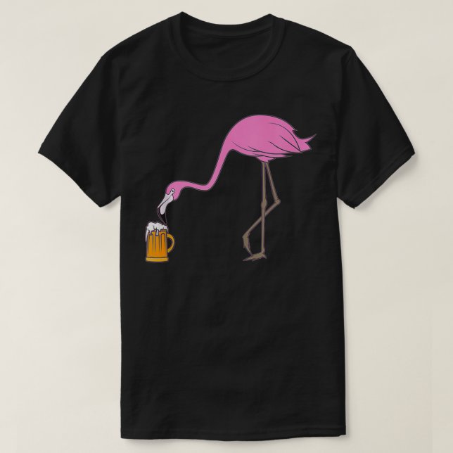 Beer Drinking Drunk Pink Flamingo Funny Bird  T-Shirt (Design Front)