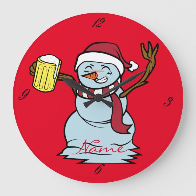 Beer-drinking Drunk Snowman Thunder_Cove Large Clock (Front)
