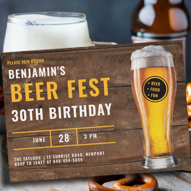 Beer Fest Men Rustic Wood Backyard 30th Birthday Invitation (mens 30th birthday beer fest party invitation ticket photo black white yellow cheers rustic brewery)