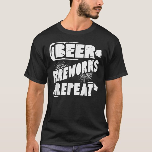 Beer Fireworks Repeat 4th Of July Drinking T-Shirt (Front)