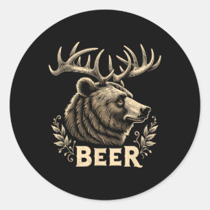 Beer Funny Vintage Design Bear With Deer Antlers F Classic Round Sticker