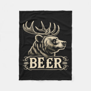Beer Funny Vintage Design Bear With Deer Antlers F Fleece Blanket