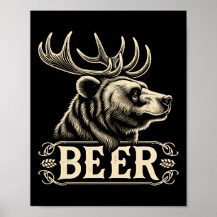 Beer Funny Vintage Design Bear With Deer Antlers F Poster