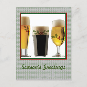 Beer Glasses & Holly Seasons Greetings Holiday Postcard