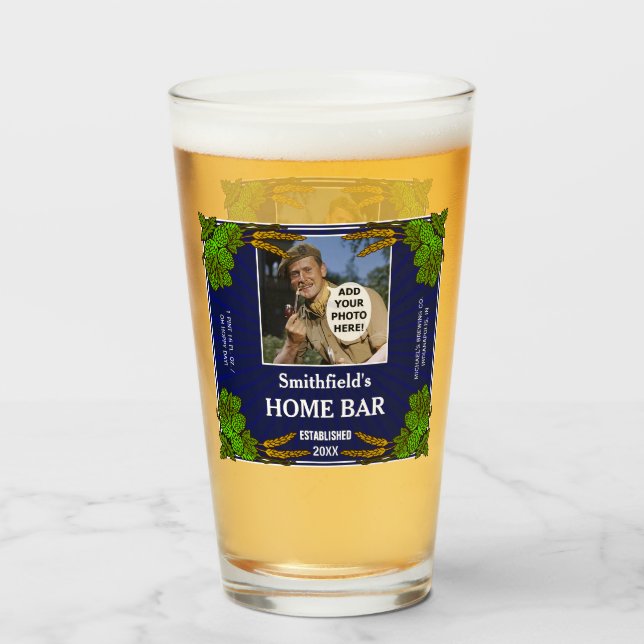 Beer Home Bar Hops Barley Custom Photo Name Blue Glass (Front Filled)