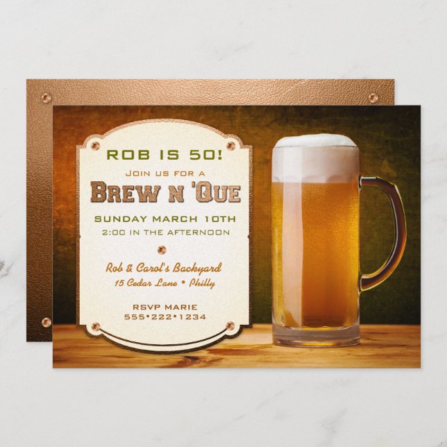 Beer Leather Rivets Brew N 'Que Invitation (Front/Back)