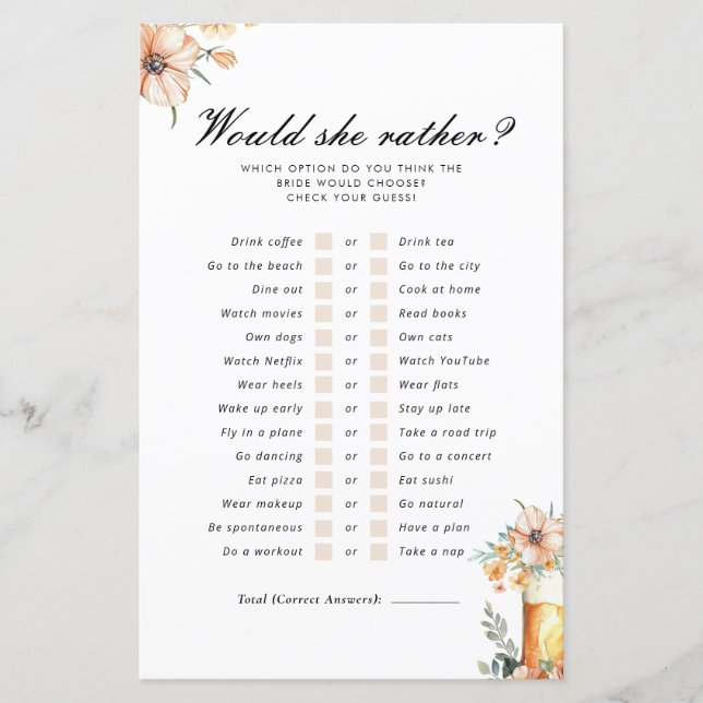 Beer Love is Brewing Would She Rather Bridal Game (Front)