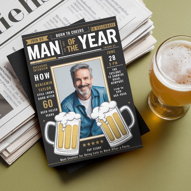 Beer Magazine Cover Funny Men Adult Birthday Photo Invitation (men birthday party invitation beer themed magazine cover funny photo template black gold photo 40 50)