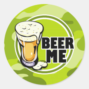 Beer Me!  bright green camo, camouflage Classic Round Sticker