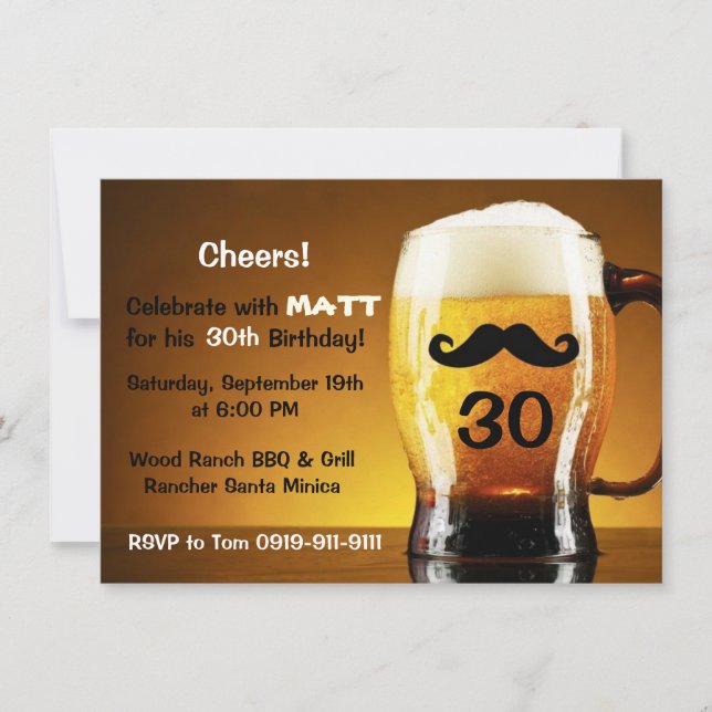 Beer Moustache Fun Birthday Party Invitation (Front)