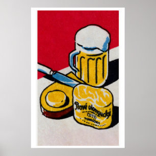 Beer Mug and Cheese Matchbox Art Print, Czech Poster