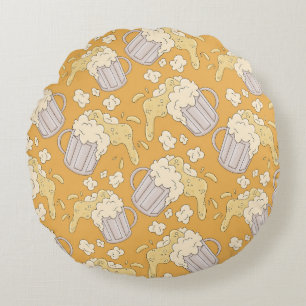Beer Mug Cartoon: Vintage Seamless. Round Cushion