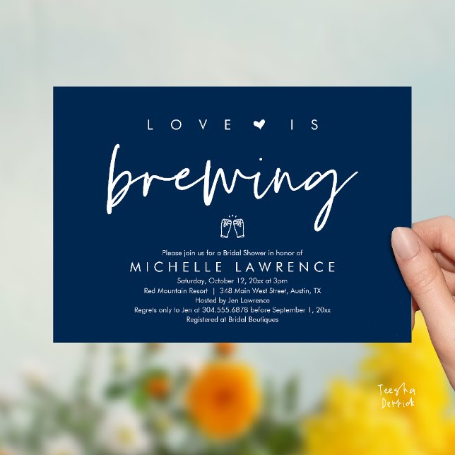 Beer Party Bridal Shower, Love is brewing Invitation (Beer Party Bridal Shower, Love is brewing Invitation card modern romance navy blue)