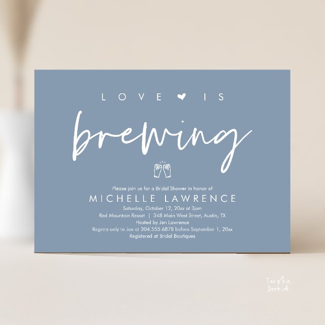 Beer Party Bridal Shower, Love is brewing Invitation (Beer Party Bridal Shower, Love is brewing Invitation card modern romance dusty blue)