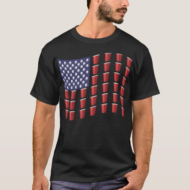 Beer Pong Red Solo Cup American Flag  July 4th T-Shirt (Front)