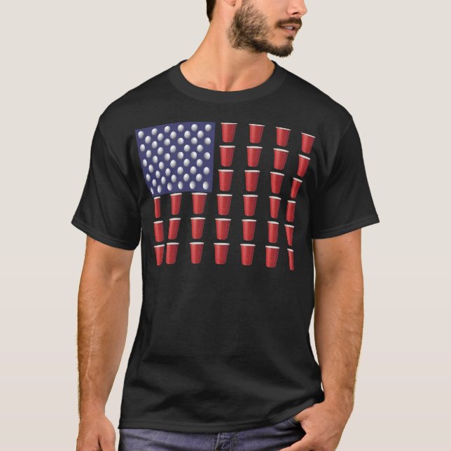 Beer Pong Red Solo Cup American Flag  July 4th T-Shirt (Front)