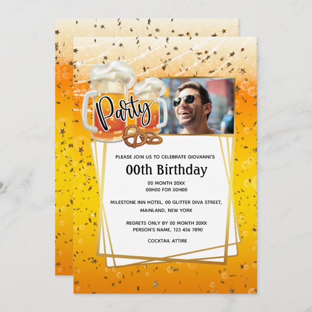 Beer pretzels DIY photo mens birthday Invitation (Front/Back)