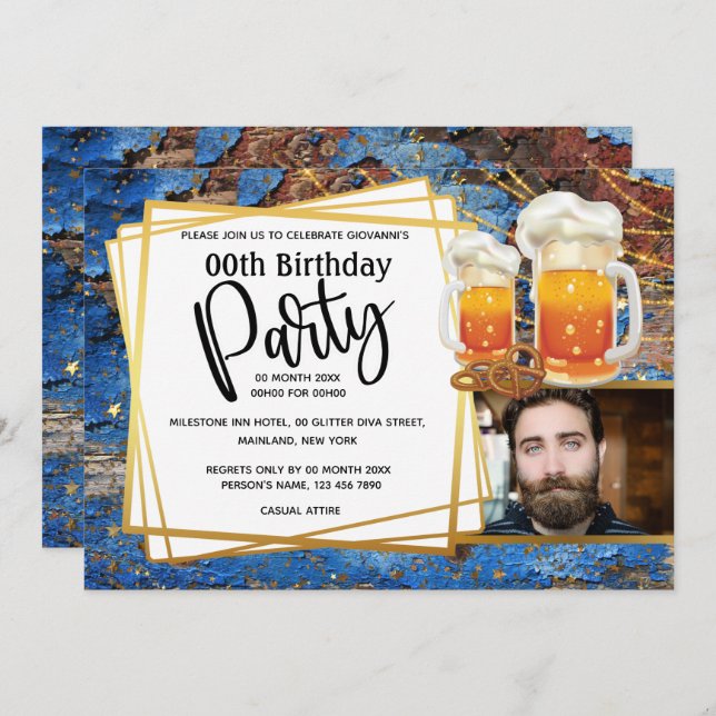 Beer rustic string lights DIY photo mens birthday Invitation (Front/Back)