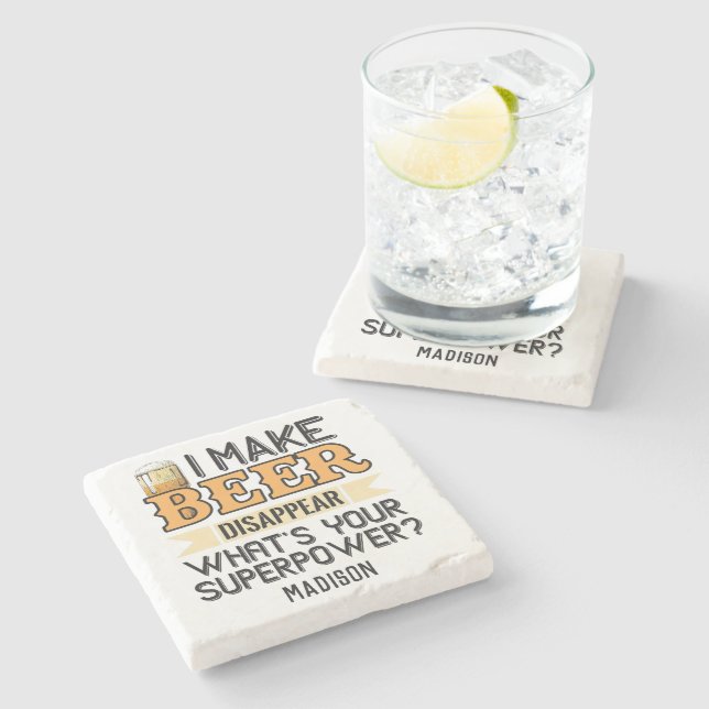 Beer Superpower custom name & colour Stone Coaster (Side)
