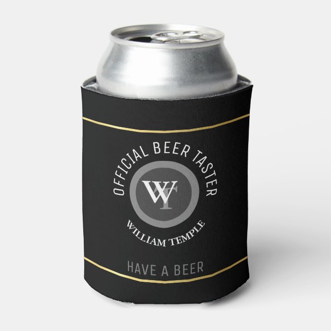 beer taster monogram (name/initials) black custom can cooler (Can Front)