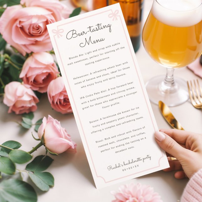 Beer tasting bachelorette party menu (Cute pink, feminine beer-tasting menu, perfect for the bachelor party!
)