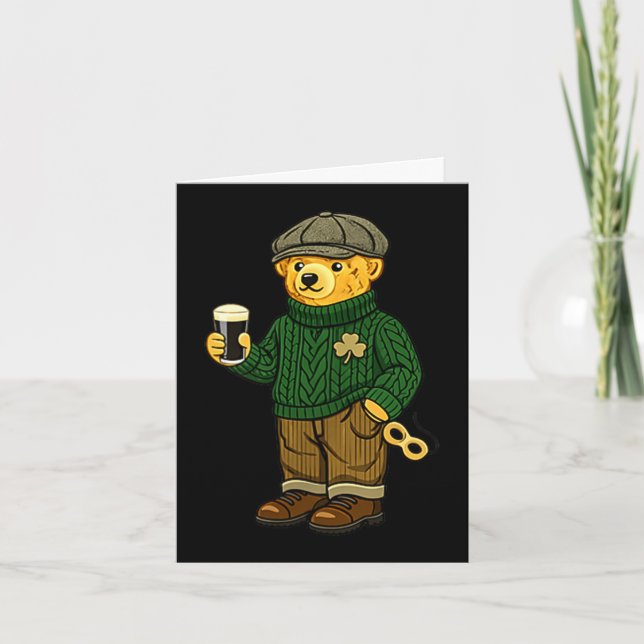 Beer teddy bear feeling lucky drinking st card (Front)