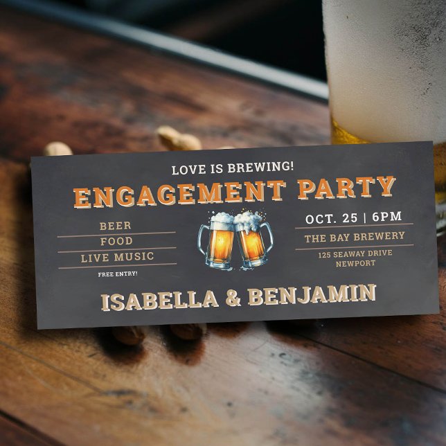 Beer Themed Brewery Black Ticket Engagement Party Invitation (beer themed engagement party invitation brewery ticket black chalk board)