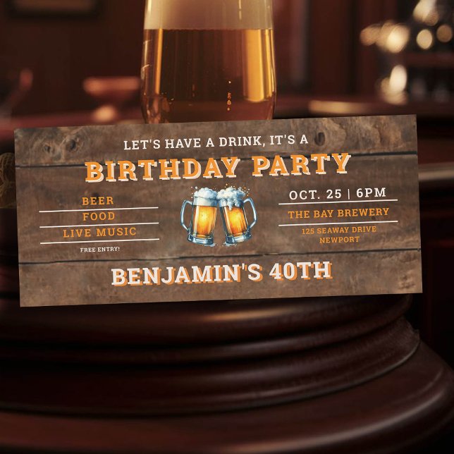 Beer Themed Brewery Rustic Men's 40th Birthday (men's 40th birthday party invitation beer themed brewery backyard oktoberfest wood)