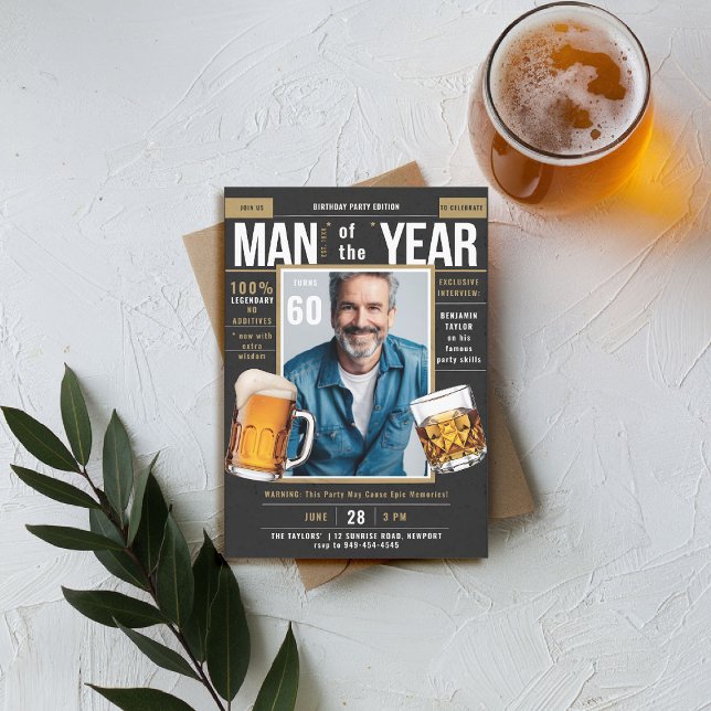 Beer Whiskey Magazine Funny Men Birthday Photo Invitation (men birthday party invitation beer whiskey magazine cover fun funny joke black gold backyard)