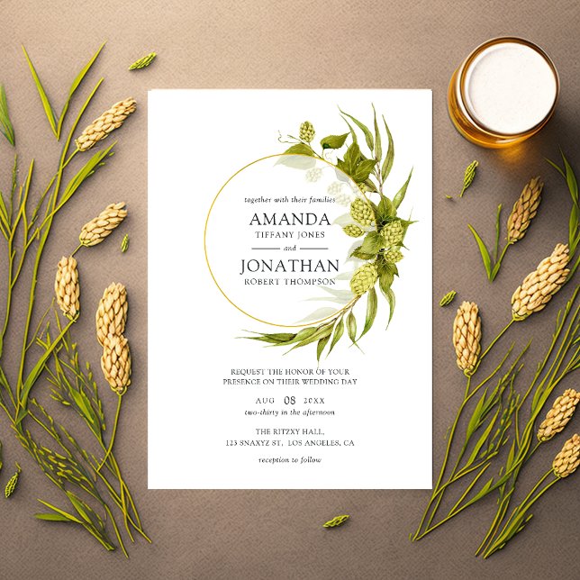 Beer Willow Greenery and Gold Geometric Wedding Invitation (Creator Uploaded)
