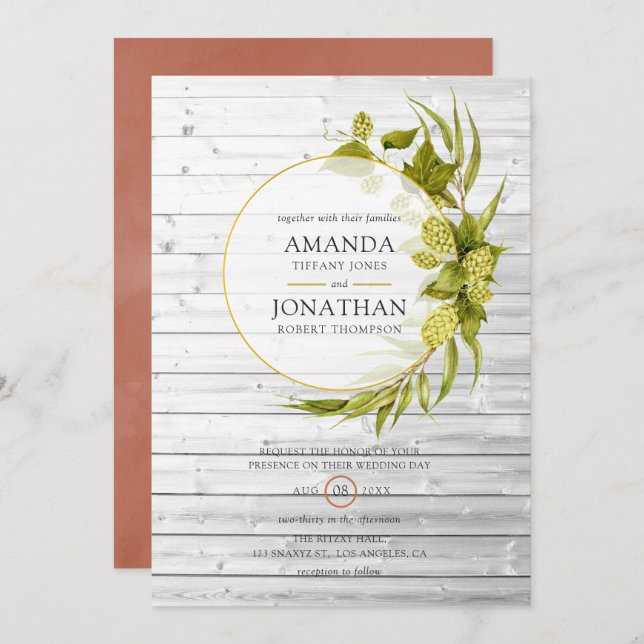 Beer Willow Greenery and Gold Geometric Wedding Invitation (Front/Back)