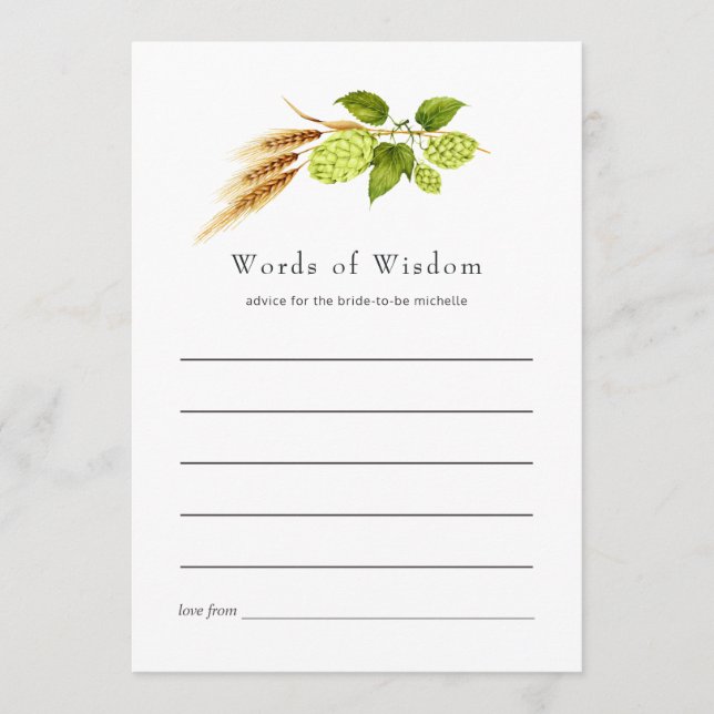Beer Willow Greenery Gold Bridal Shower Advice Card (Front)