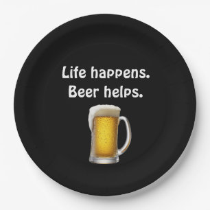 Beer with quote on black paper plate