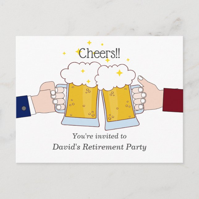 beers, cheers, adult retirement party invitation postcard (Front)